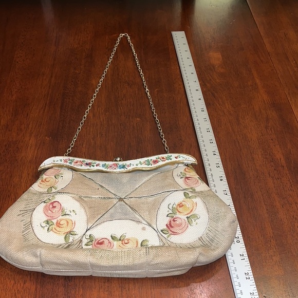 Vintage handbag purse Gladys Golden made in Italy painted burlap  chain strap - Picture 4 of 10